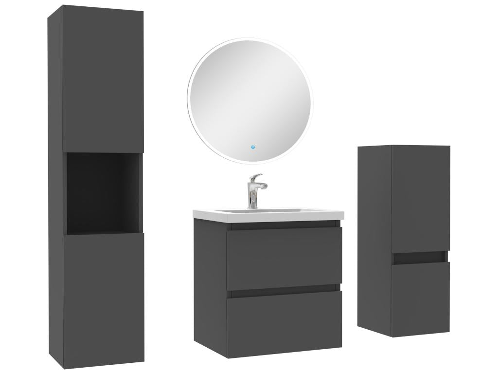 Ensemble meubles Salle de Bain 50cm simple vasque colonne miroir rond mural Anthracite YYQK18321