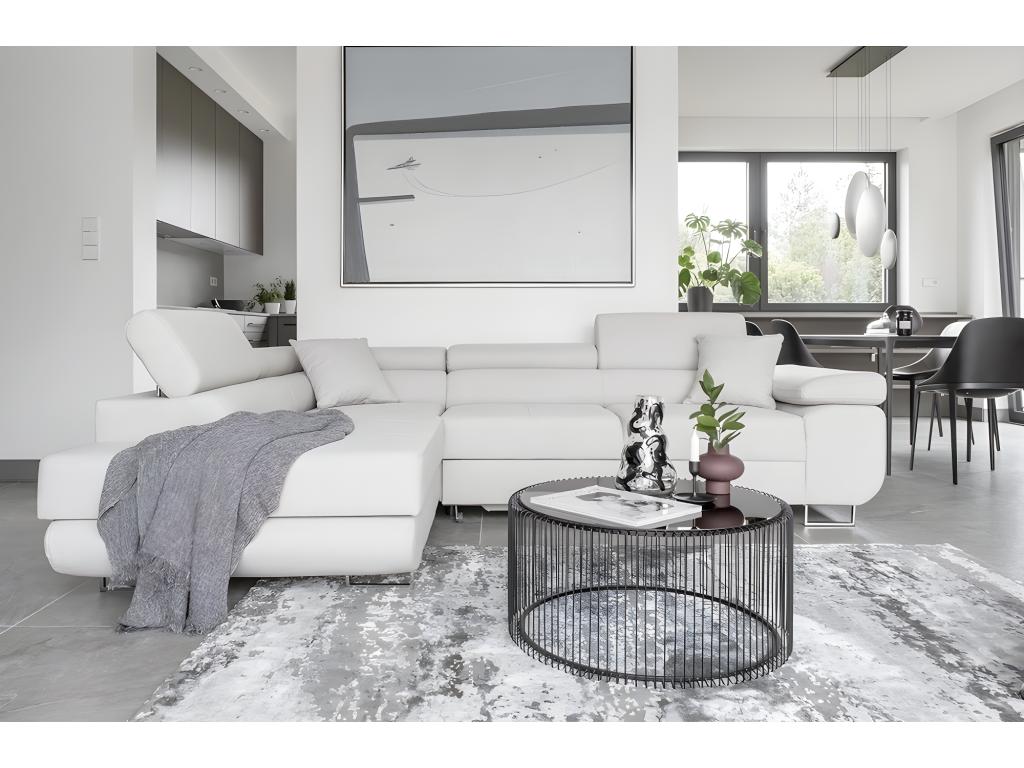 Canapé d'angle convertible en tissu luxe 5 places avec coffre blanc angle gauche vu de face Lumenao UGIB38729