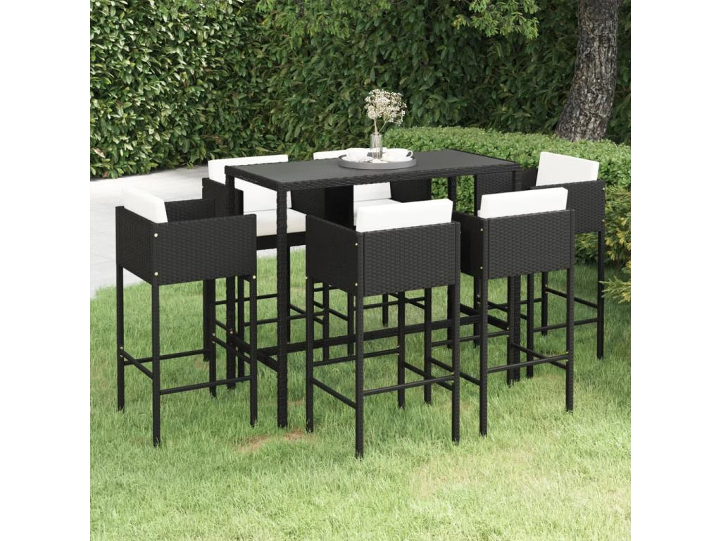 7-piece garden bar set and cushions, black woven resin RLCZ02874