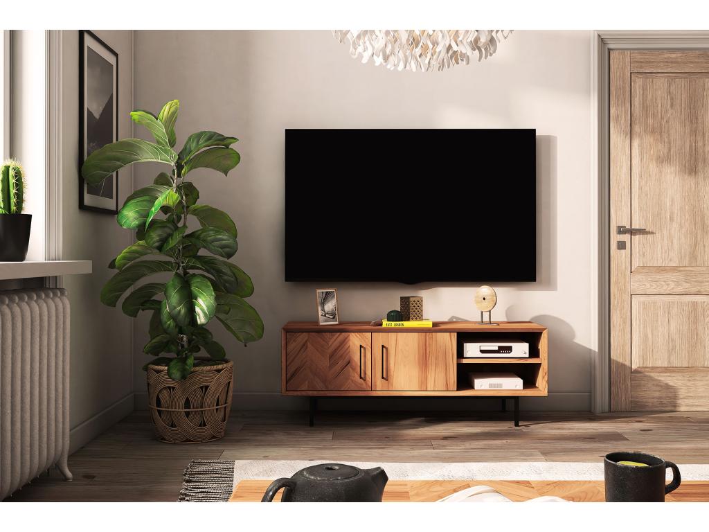 Lumenao - Meuble TV avec portes en bois en cœur de hêtre huilé naturel TCAD65033