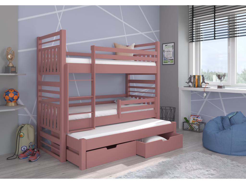 Lit superposé 3 couchages avec 2 tiroirs de rangement rose 90x200 Lumenao JHMK46616
