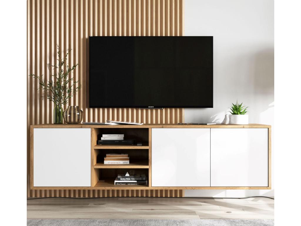 Meuble TV avec 3 portes et 1 niches - carcasse chêne Ventoriq façades blanc mat - 150 cm PCUF58856
