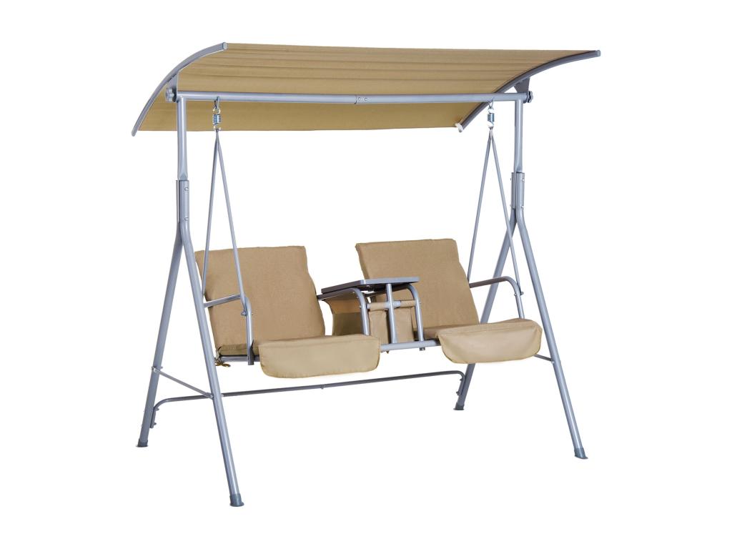 Balancelle design de jardin 2 places inclinaison toit réglable tablette rétractable rangement acier gris clair beige UKYS02960