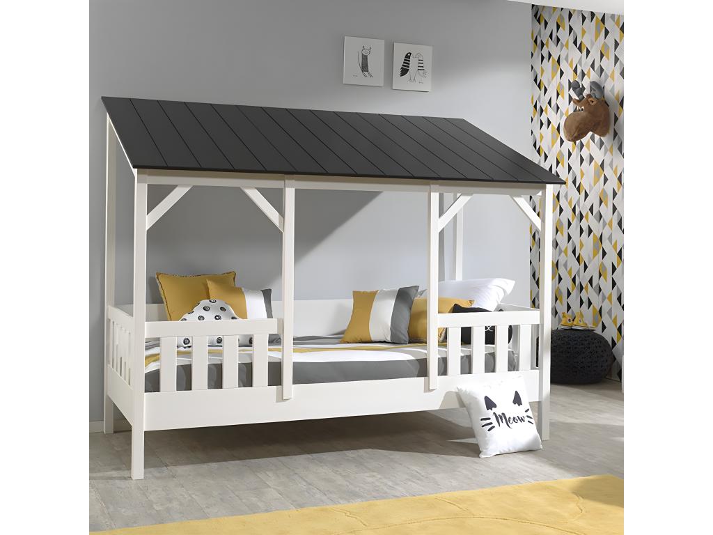 Lumenao - Lit Maison 90x200cm Blanc et Noir Style Porche KTCB40806