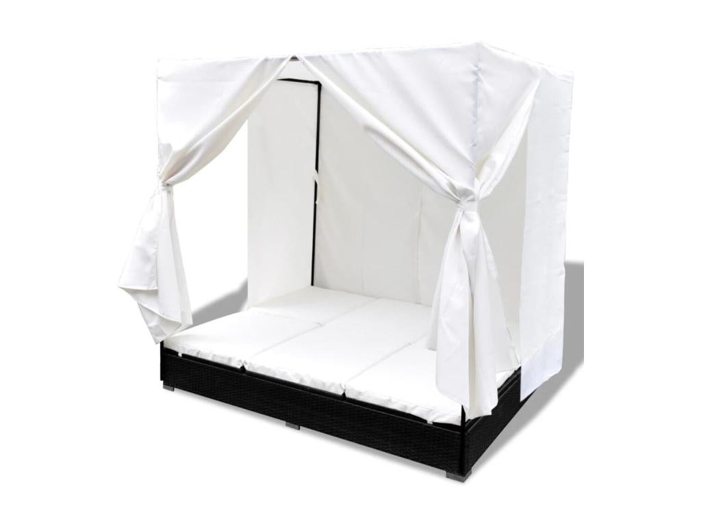 Outdoor chaise lounge with curtains, black woven resin, UZRW97036