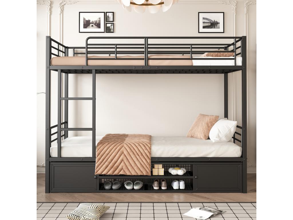 Lit superposé pour enfants 90x200 cm avec armoire à chaussures ouverte petite armoire de rangement à double porte avec échelle latérale noir LVRI47072