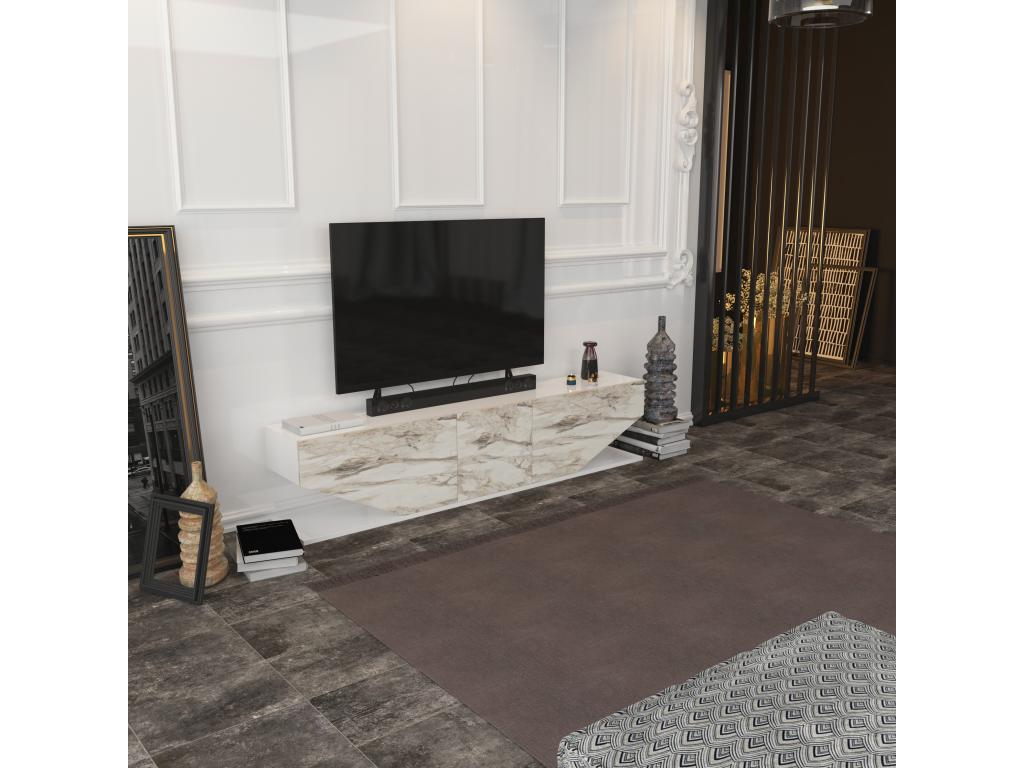 Meuble TV Lumenao de 180 cm avec des armoires en style ailes Blanc et Effet marbre blanc  FTOK86680