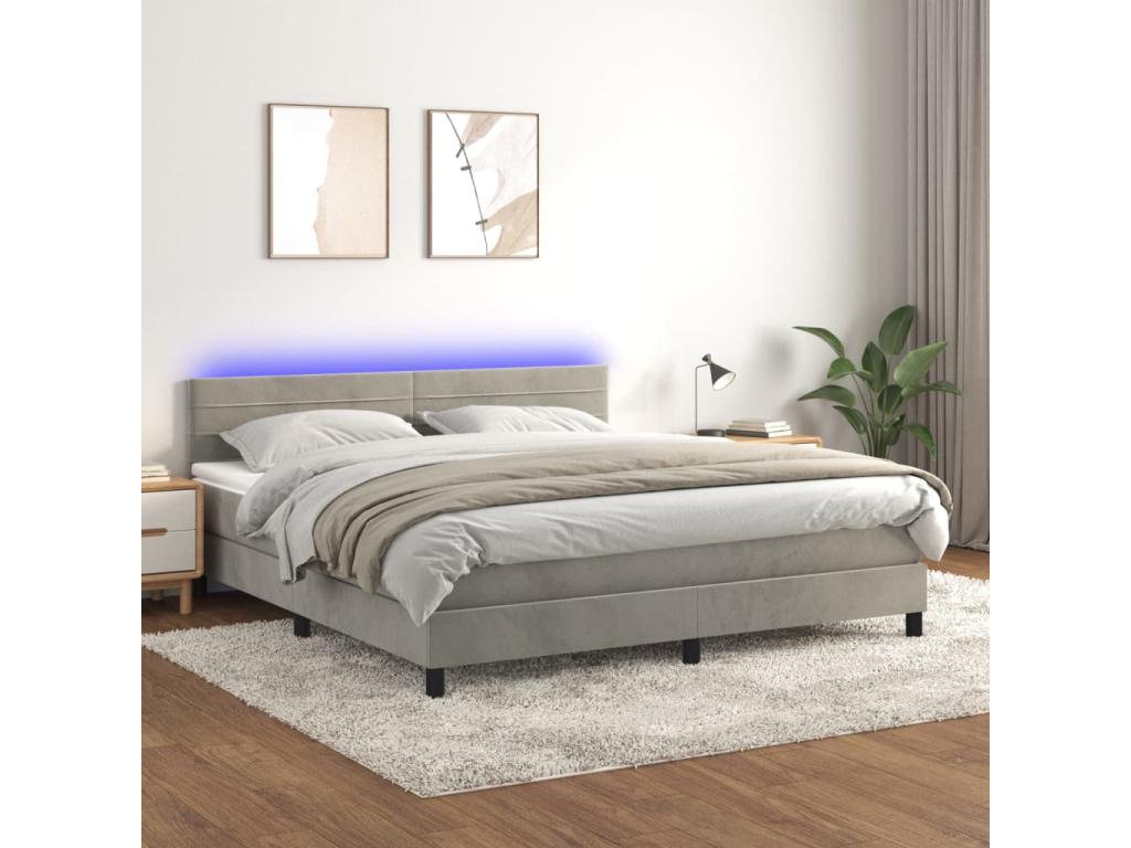 Sommier tapissier matelas et LED Gris clair 180x200 cm Velours HUFE64915
