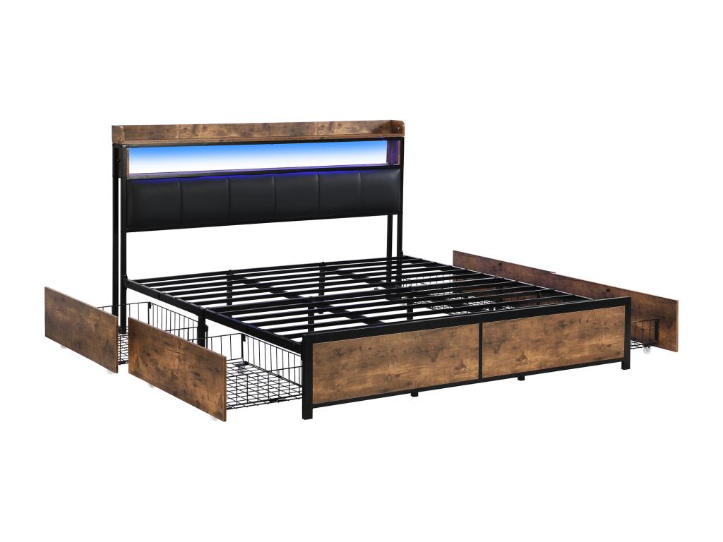 Lit adulte 180x200cm avec 4 tiroirs et LED - cadre en métal - Marron WGHG71076