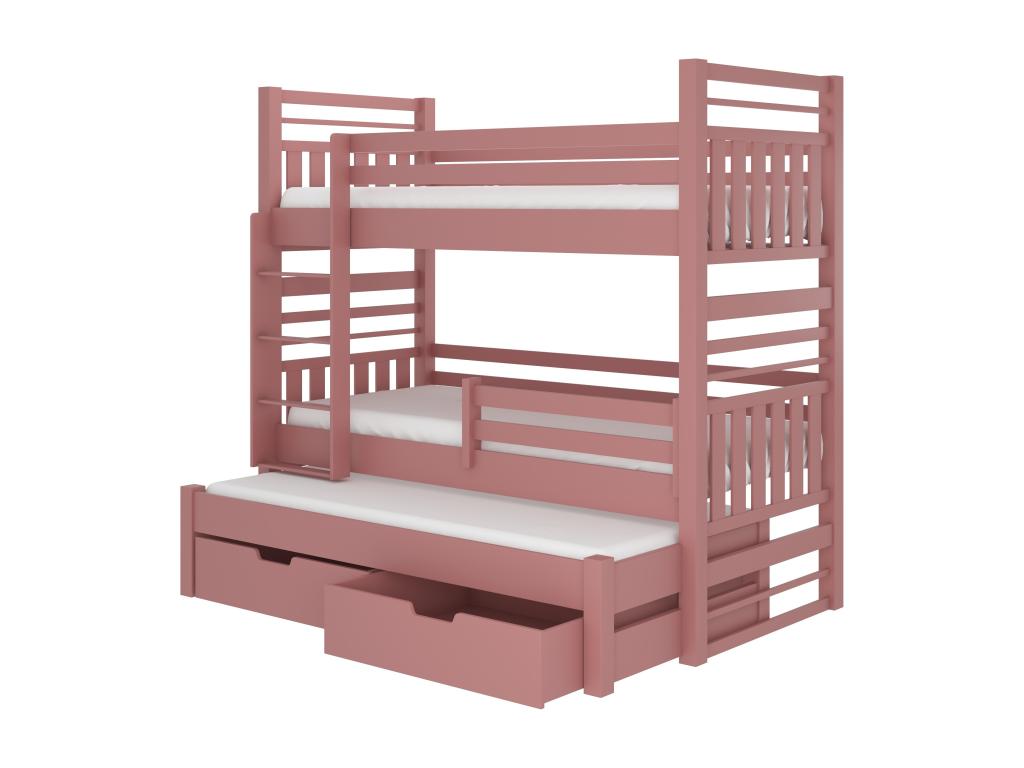 Lit superposé 3 couchages avec 2 tiroirs de rangement rose 90x200 Lumenao JHMK46616