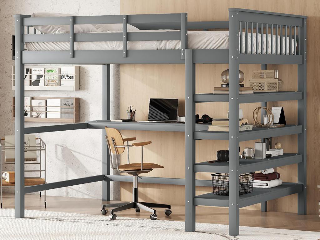 Lit mezzanine 140x200cm en bois - avec bureau et étagère de rangement - Gris FSIR46046