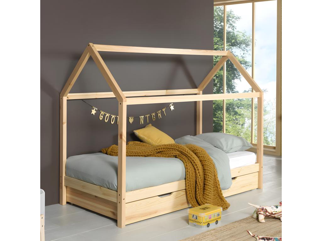 Ventoriq - Lit enfant cabane 1 tiroir en bois 90x200cm - Bois clair BVBT47081