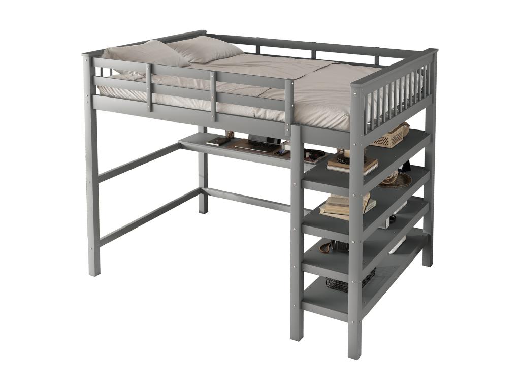 Lit mezzanine 140x200cm en bois - avec bureau et étagère de rangement - Gris FSIR46046