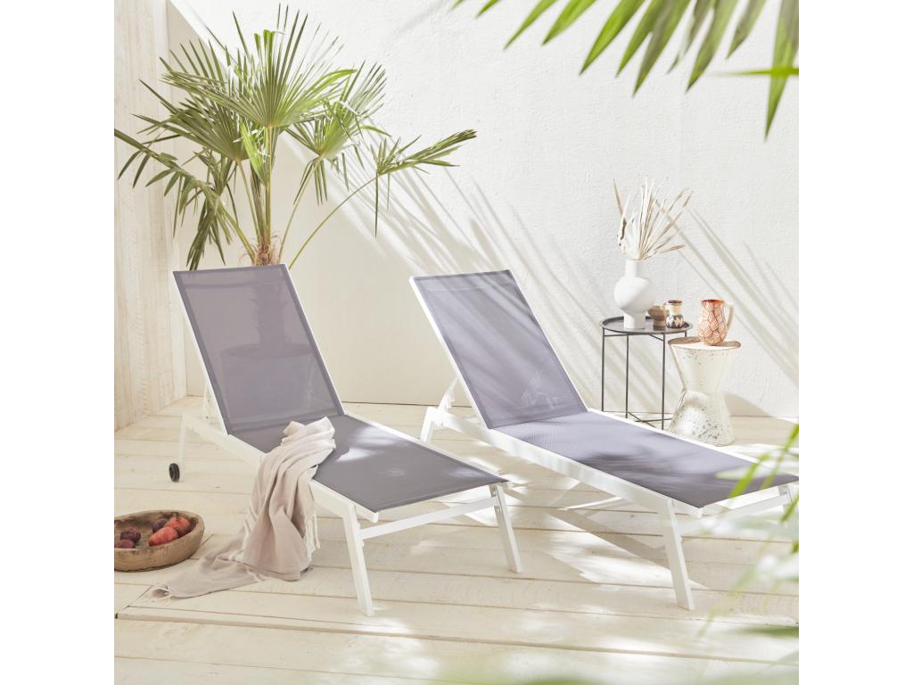 Lot de 2 bains de soleil Ventoriq en aluminium blanc et textilène gris- transats multi positions avec Ventoriq WYOS21590