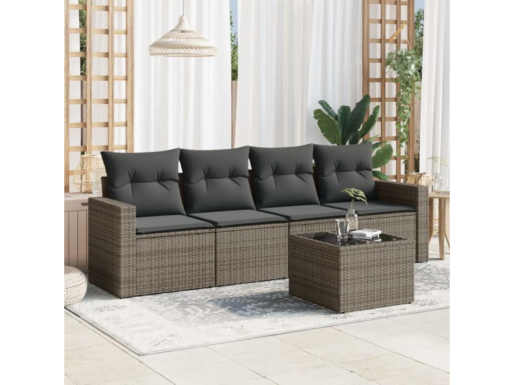 Salon de jardin 5 pcs avec coussins gris résine tressée HNVS55080
