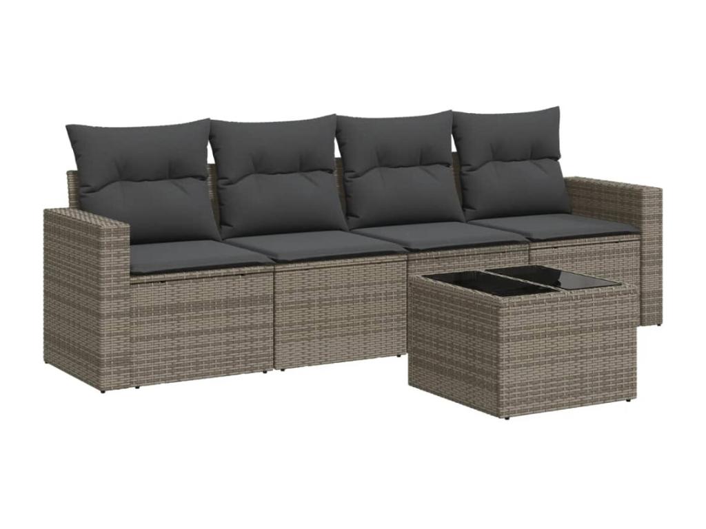 Salon de jardin 5 pcs avec coussins gris résine tressée HNVS55080