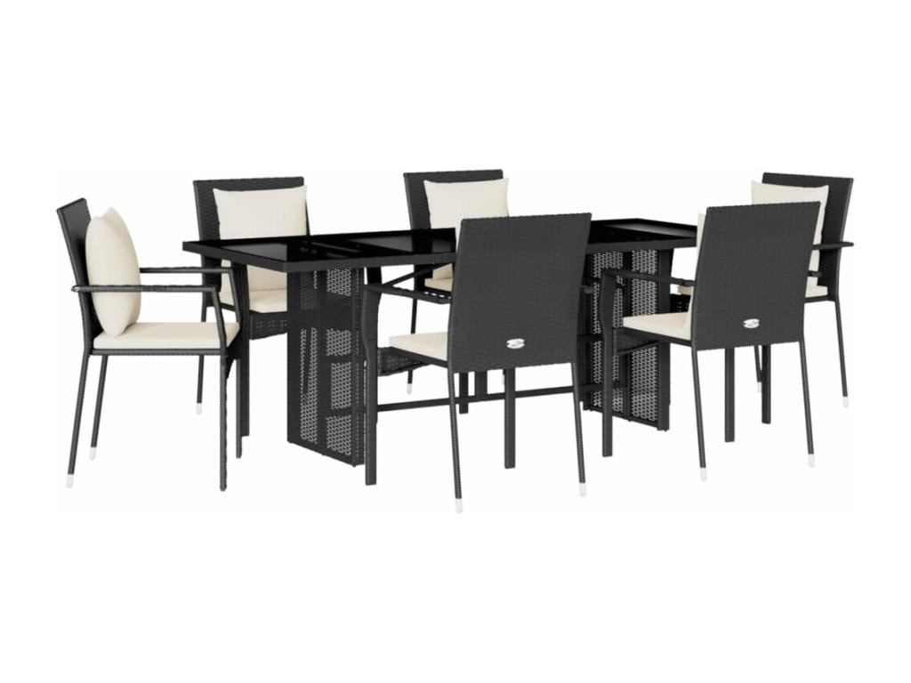 7-piece garden dining set with cushions, black woven resin, JEUP77311