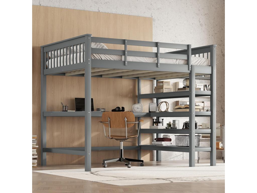 Lit mezzanine 140x200cm en bois - avec bureau et étagère de rangement - Gris FSIR46046