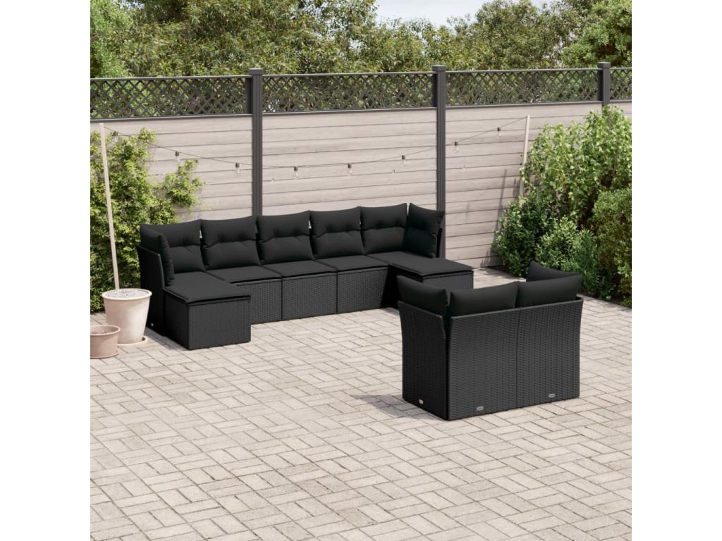 Salon de jardin 9 pcs avec coussins noir résine tressée AJJQ07608