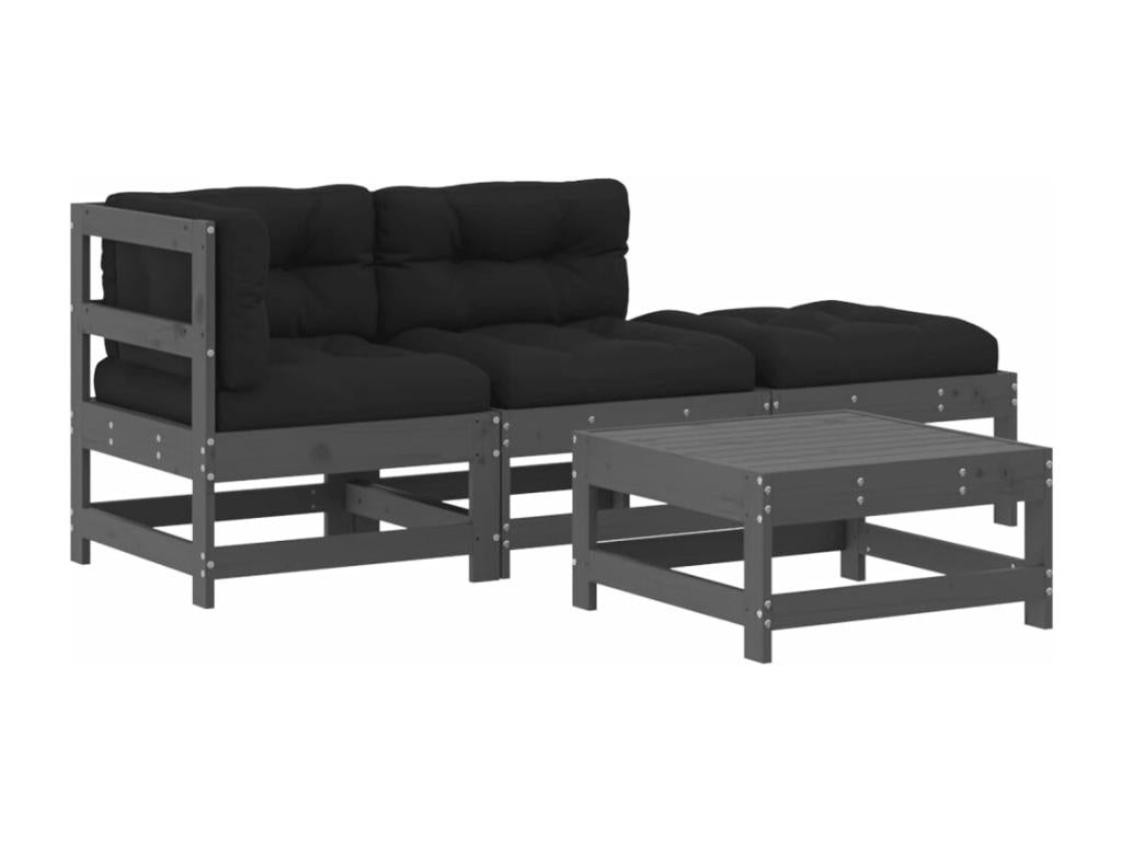 Salon de jardin 4 pièces avec coussins gris bois massif DHWO69557