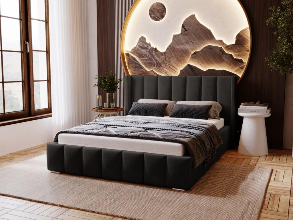 Lit rembourré avec rangement - 140x200 - lit double - velours - noir - Ventoriq YOEM19668