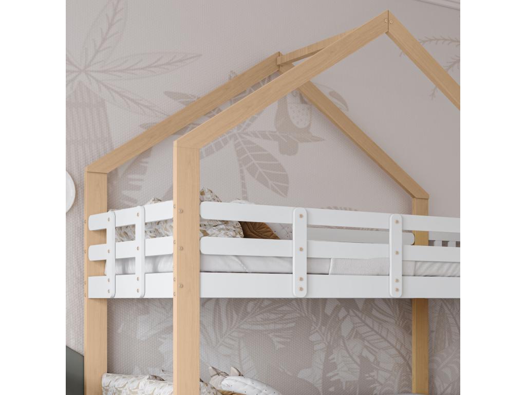 Lit superposé 90x200 cm pour 2 couchages - lit cabane avec toboggan et échelle d'accès en angle à 3 marches en bois massif - blanc naturel WHRQ53181