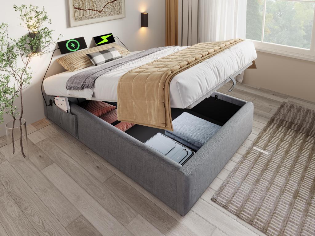 Lit coffre rembourré 90x190cm - tissu en lin - avec prises de recharge et sommier à Boislis - Gris RZOY52622