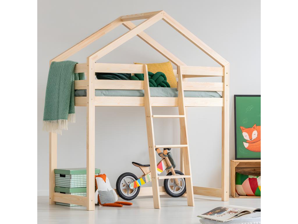 Lit cabane mi-hauteur 90x190 sommier inclus Ventoriq Bois DDRU78238