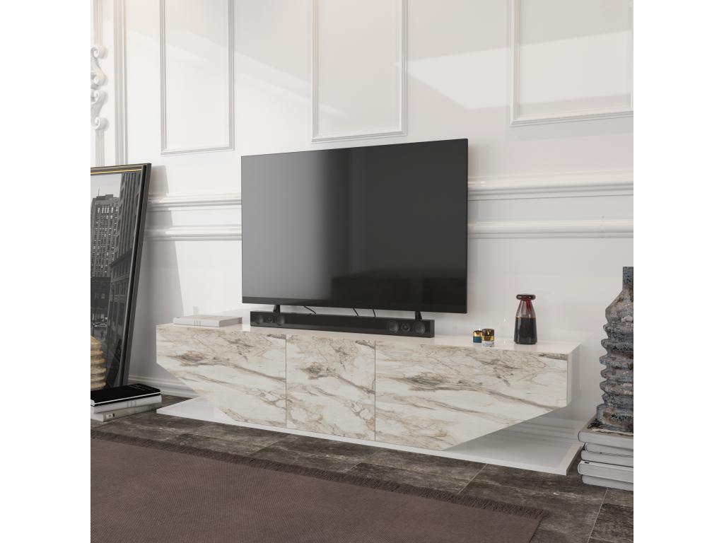 Meuble TV Lumenao de 180 cm avec des armoires en style ailes Blanc et Effet marbre blanc  FTOK86680