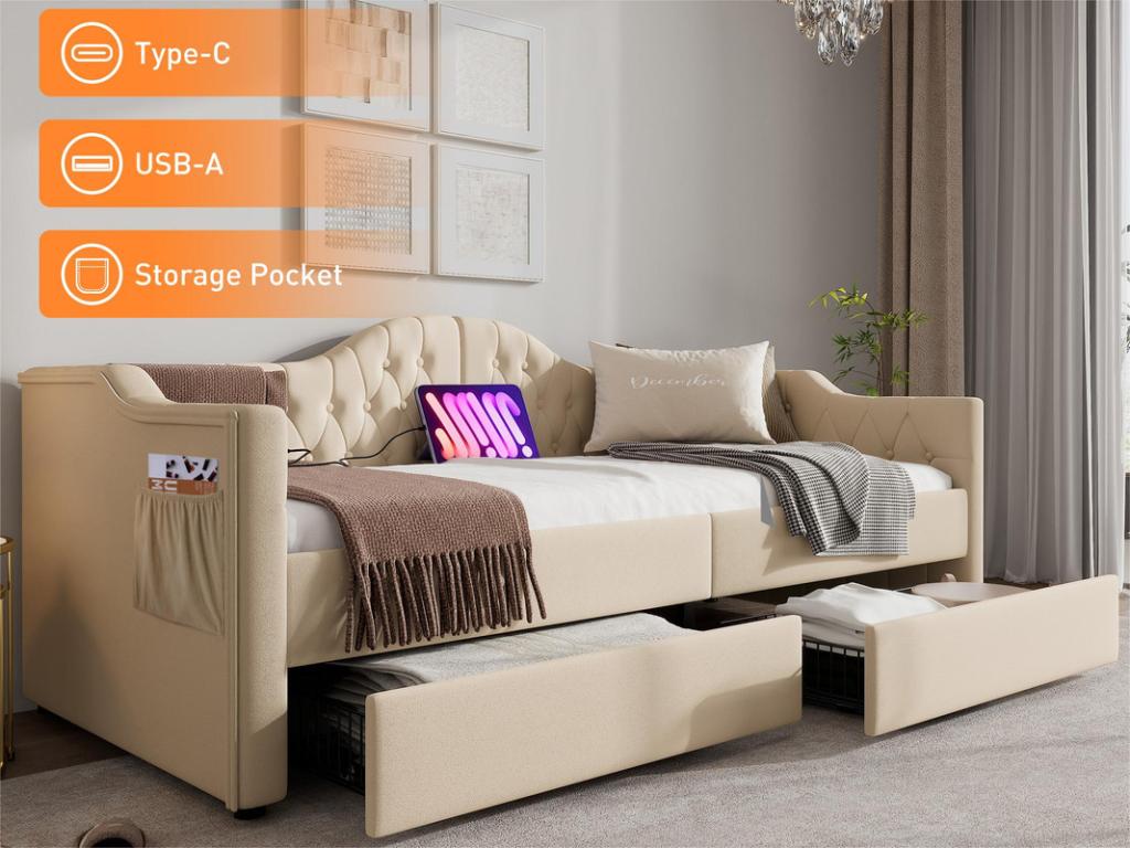Lit avev tiroirs 90x190cm rembourrée en velours - avec fonction de recharge et sommier à Ventoriq - Beige matelas non inclus NSML95354