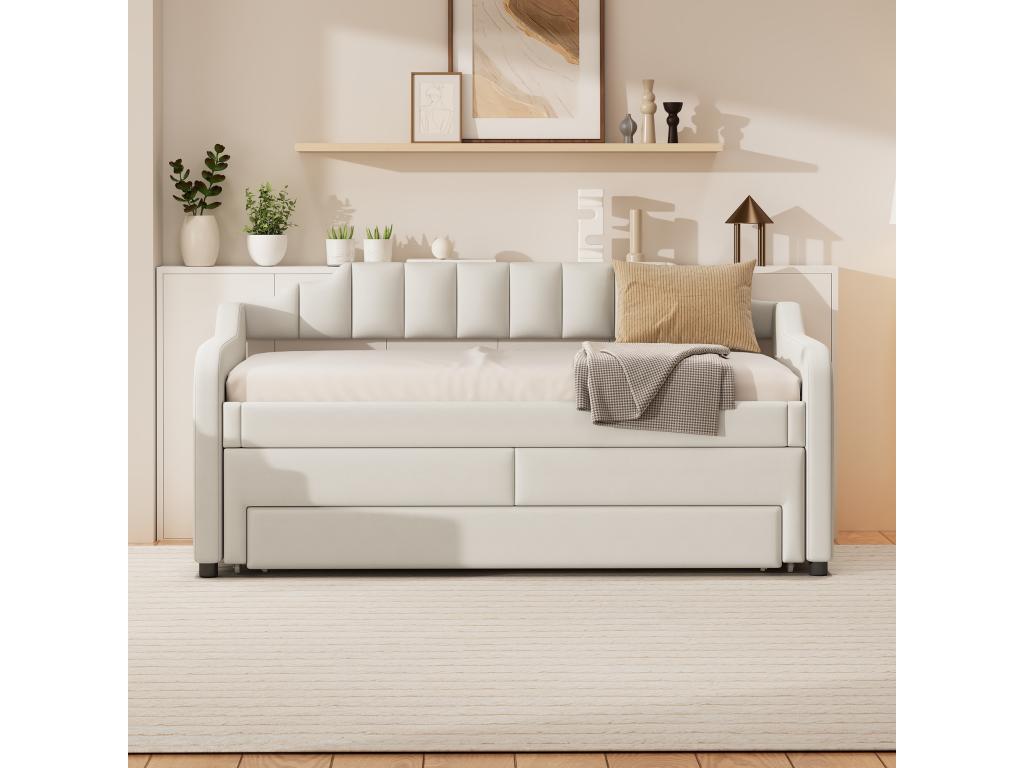 Lit banquette avec tiroirs rembourré en lin - 90x200cm 90x190cm - Beige NSOH22716