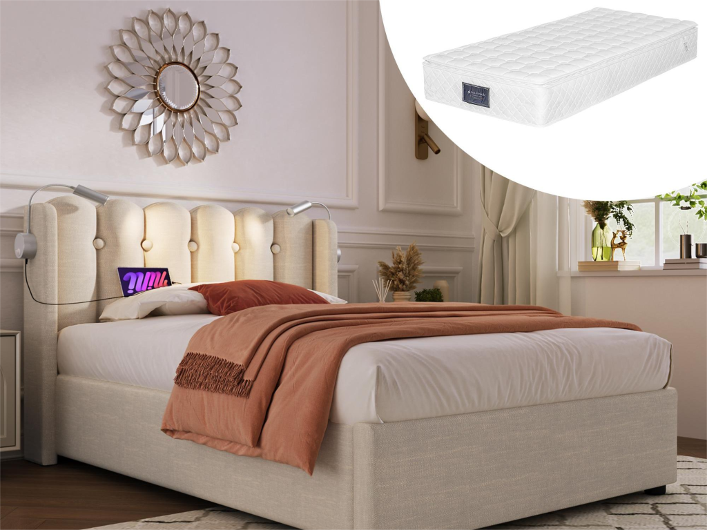 Lit coffre 90x200 cm - lampe de lecture et USB - tissu lin - coloris naturel matelas XUCI96364