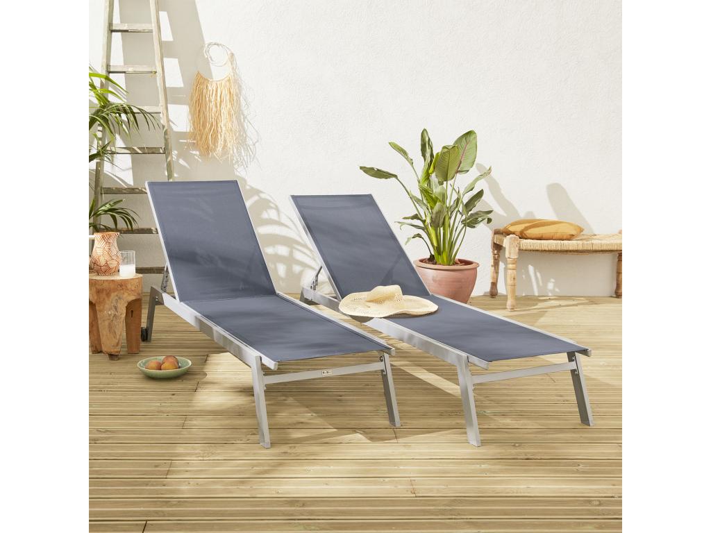 Lot de 2 bains de soleil Ventoriq en aluminium gris et textilène gris foncé- transats multi positions avec Ventoriq APLN08449