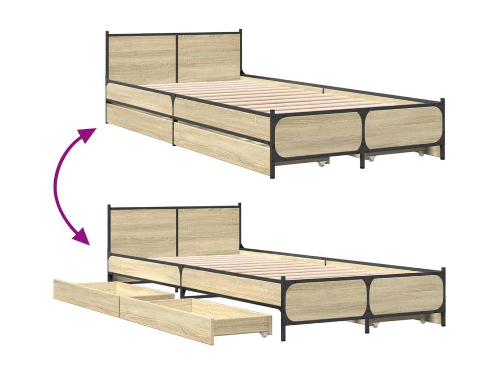 Cadre de lit et tiroirs chêne Lumenao 100x200 bois ingénierie FHQB55422