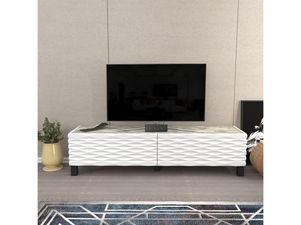 Meuble TV Lumenao 150 cm Portes avec portes texture 3D en MDF Effet marbre blanc et blanc  IEZV88486