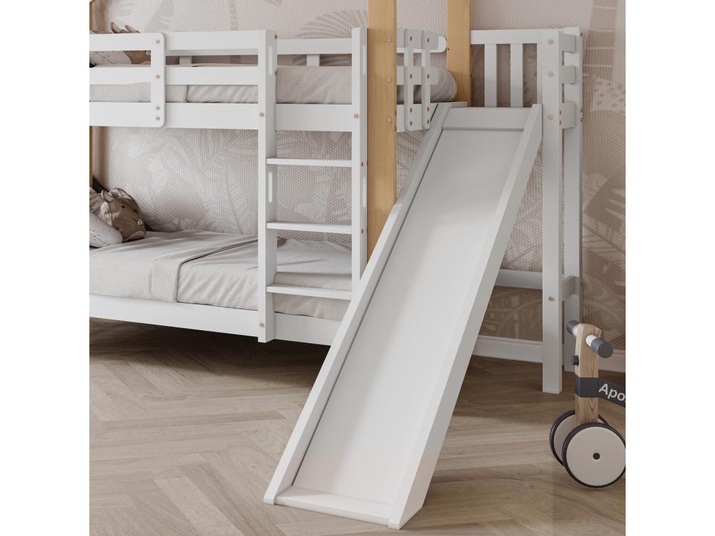 Lit superposé 90x200 cm pour 2 couchages - lit cabane avec toboggan et échelle d'accès en angle à 3 marches en bois massif - blanc naturel WHRQ53181