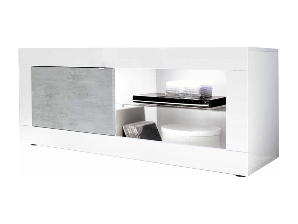 Lumenao - Meuble TV 1 Portes 2 Niches Finition Blanc Laqué et Aspect Béton avec Leds GFDE84687