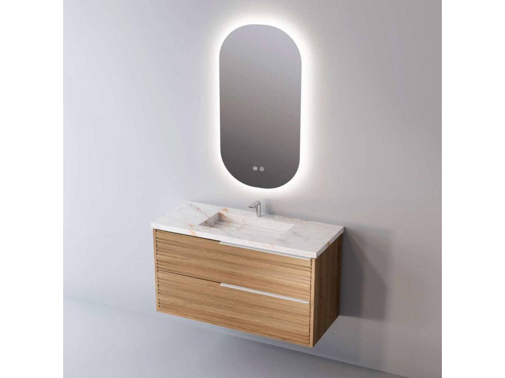 Meuble de salle de bain plan vasque Grès Cérame Blanc Storm 2 Tiroirs l100xh54xp45 Chêne Naturel Poigné Inox BAMBOO TVQZ86919