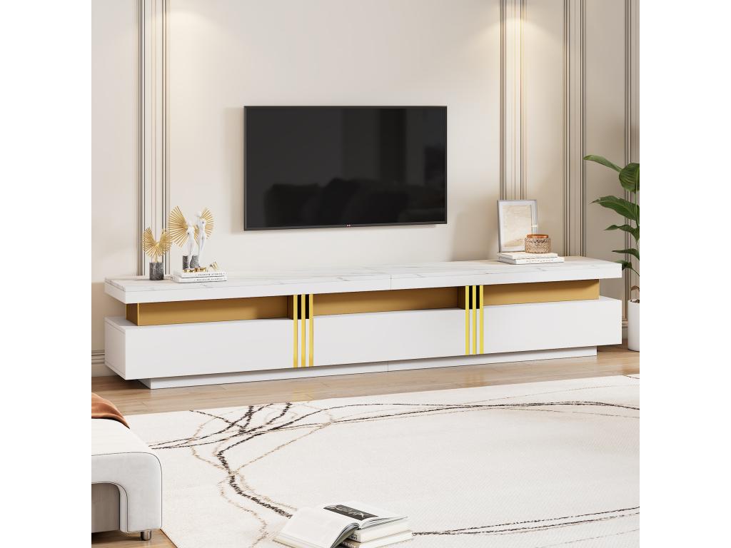 Meuble TV avec 3 tiroirs - 200x40x42 cm - Panneau de particules - Aspect marbre - Blanc DBGQ41545