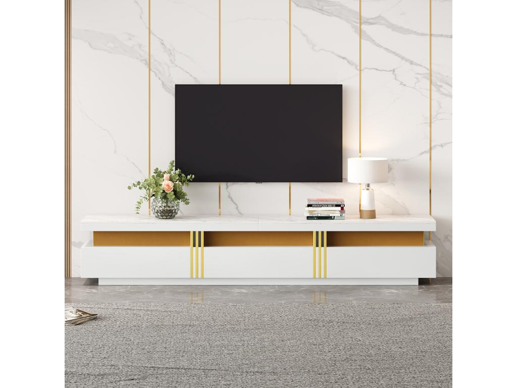 Meuble TV avec 3 tiroirs - 200x40x42 cm - Panneau de particules - Aspect marbre - Blanc DBGQ41545