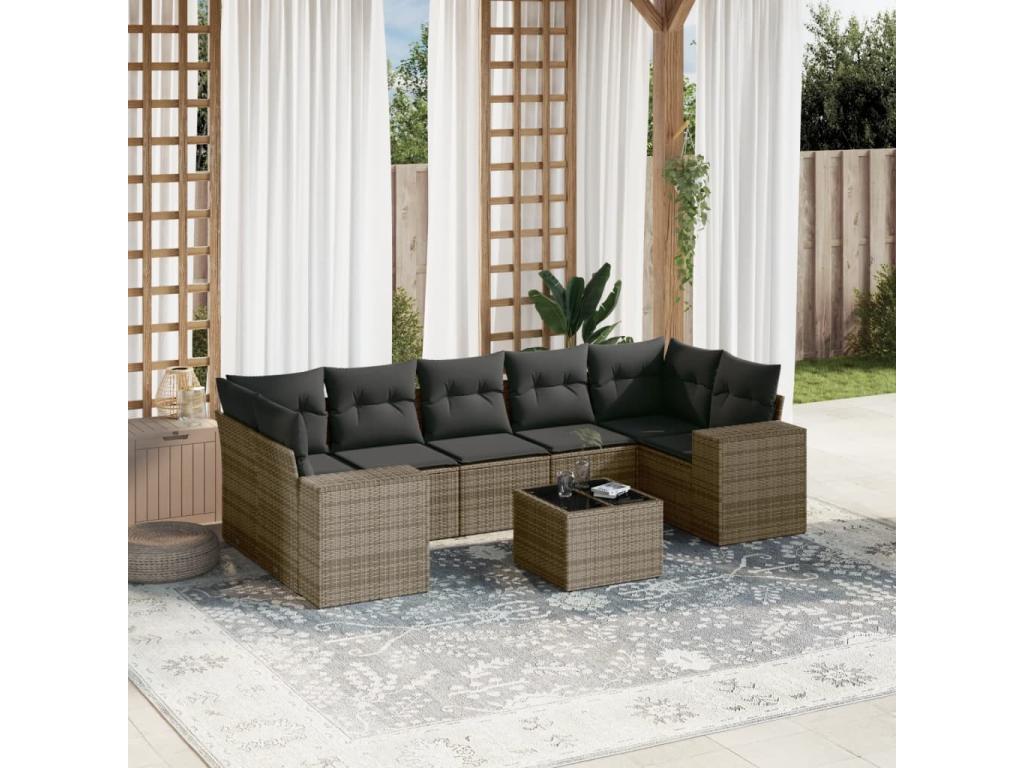 Salon de jardin 8 pcs avec coussins gris résine tressée TOTD31991
