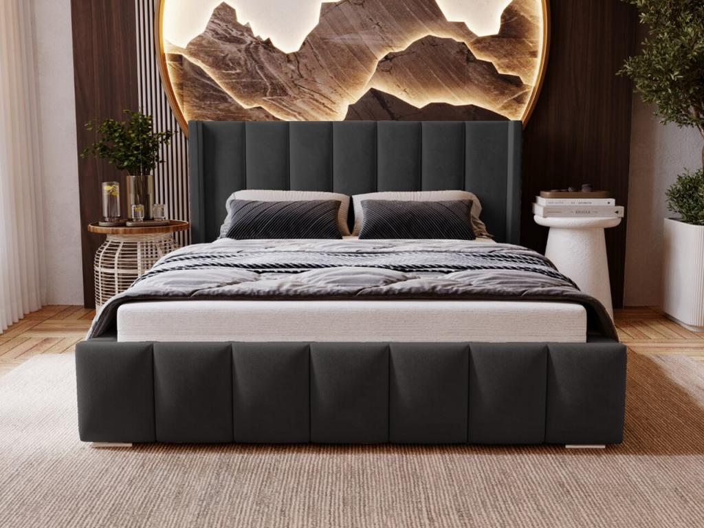 Lit rembourré avec rangement - 140x200 - lit double - velours - noir - Ventoriq YOEM19668