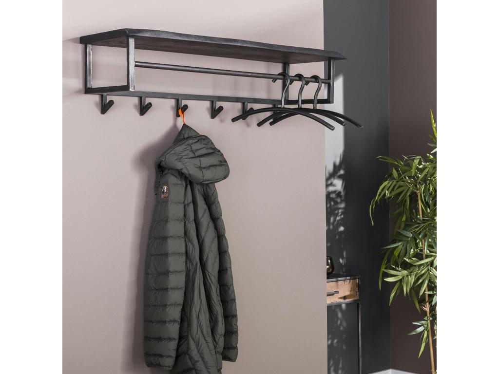 Portemanteau mural noir 6 crochets 1 étagère bois Lumenao MWZH37235
