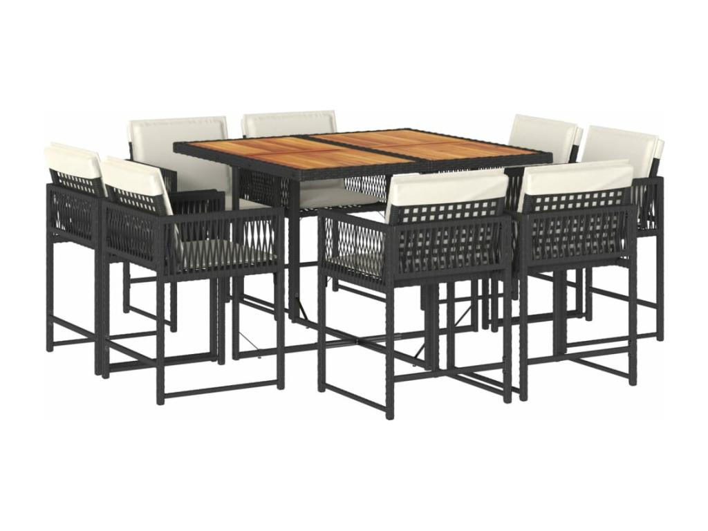9-piece garden dining set with cushions, black resin wicker HZRG37727