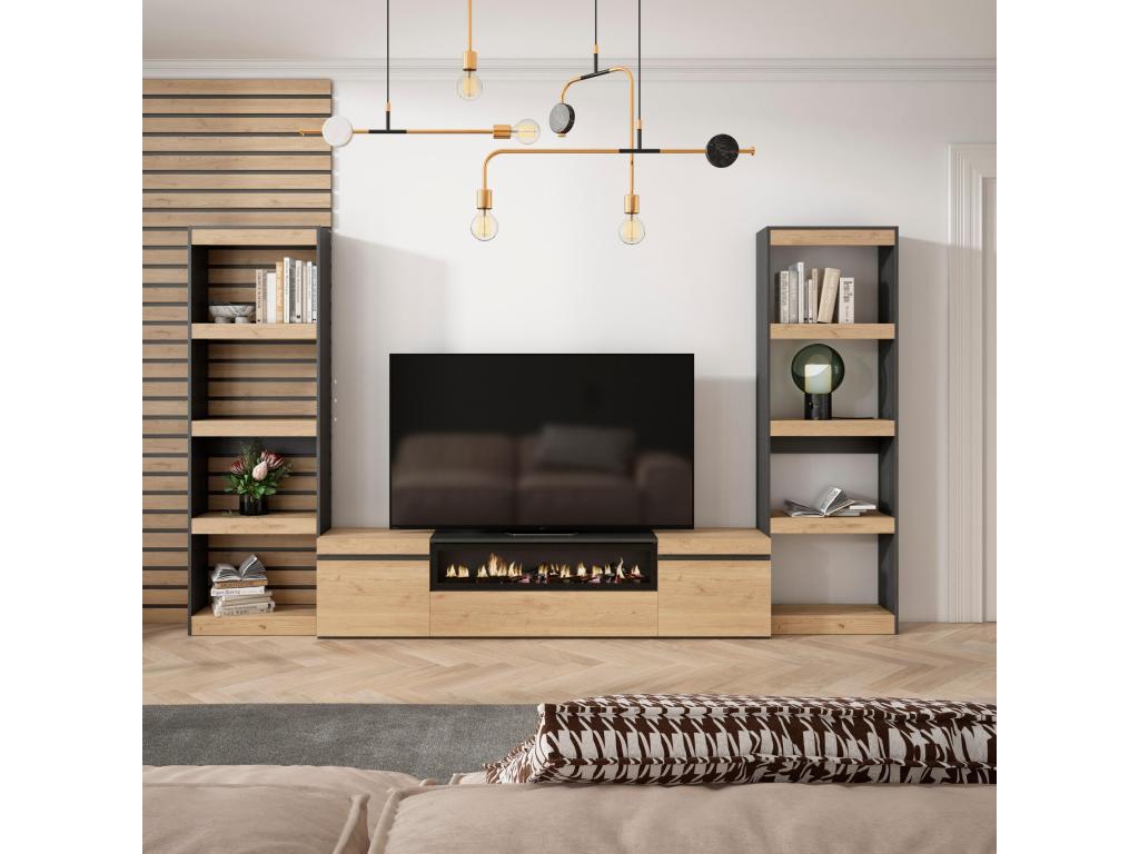 Ensemble Meuble TV 320x186x35cm Pour les TV jusqu'à 80 Cheminée électrique Chêne et noir TEJE73771