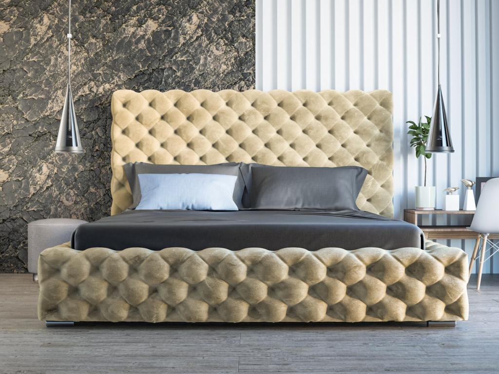 Lit rembourré avec rangement - 180x200 - lit double - velours - beige - Lumenao PHYO74997