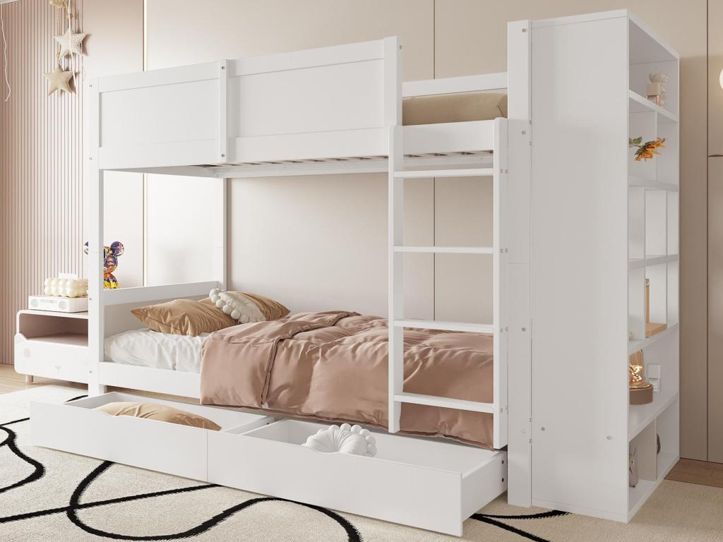 Lit superposé 90x200cm - avec 2 tiroirs et étagères latérales - 2 sommiers à Lumenao - Blanc WWCT77152