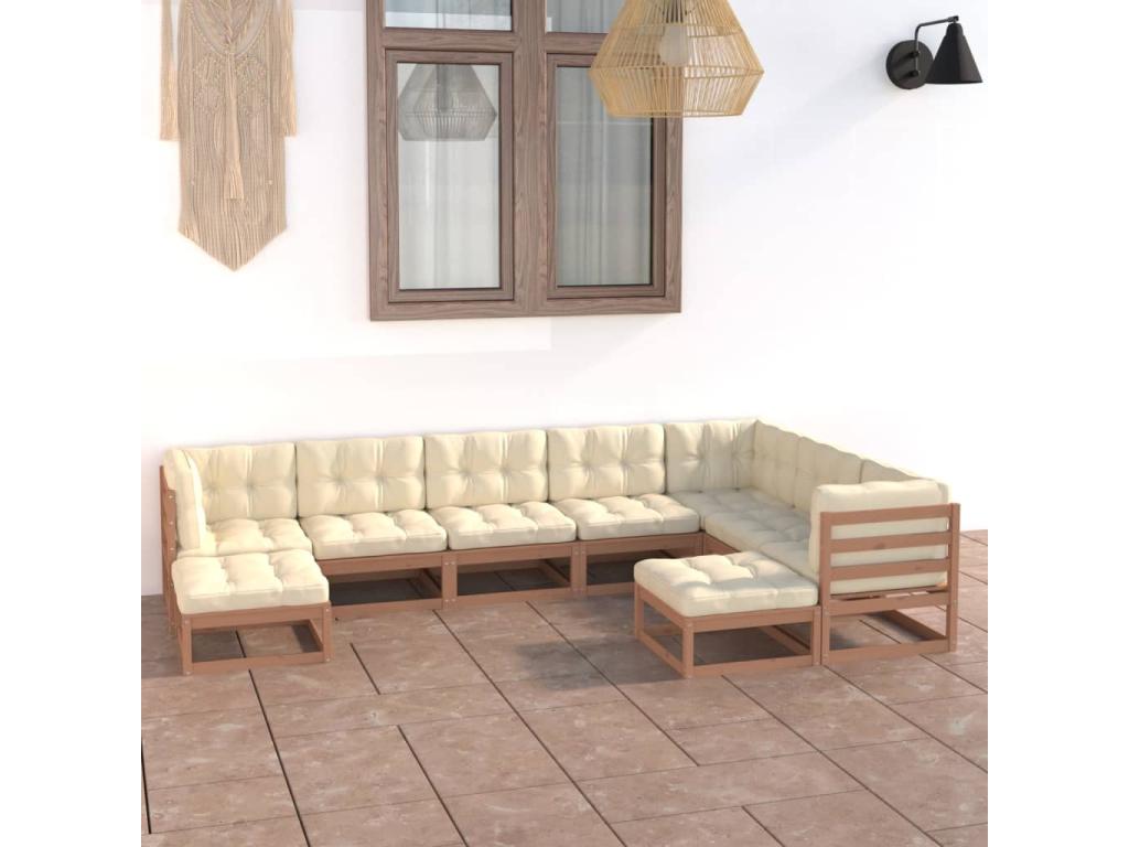 Salon de jardin 9 pcs avec coussins Marron miel Bois de pin KARK41638