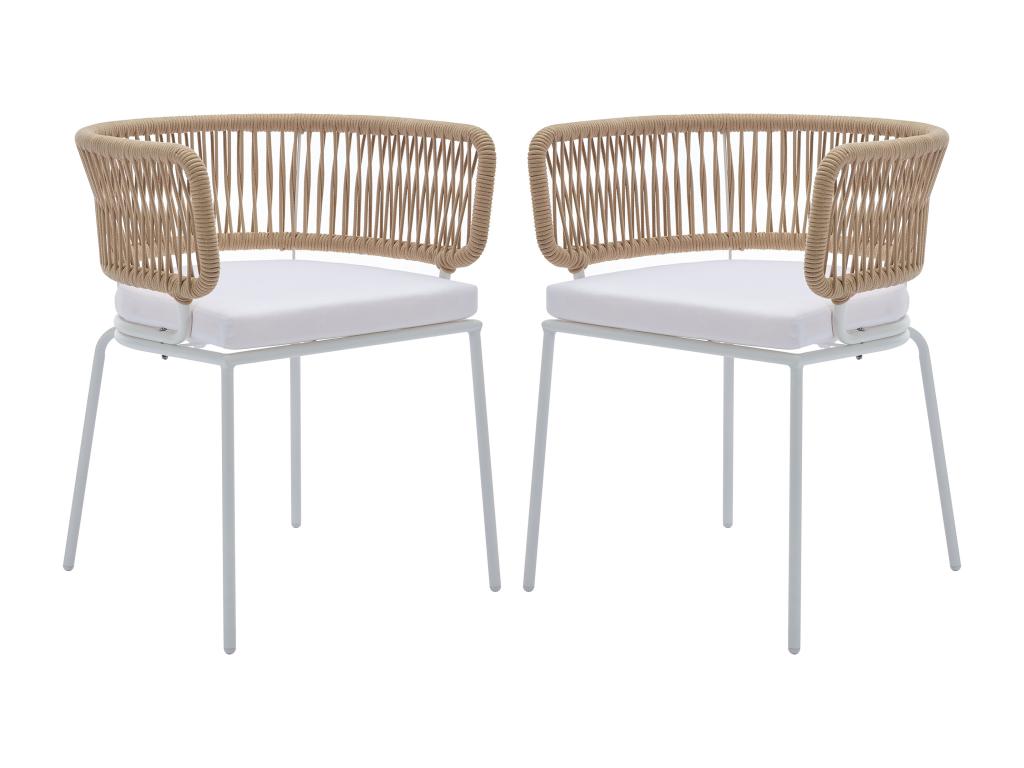 Lot de 2 fauteuils de jardin en métal et corde - Beige avec coussin blanc - Ventoriq LSKI27854